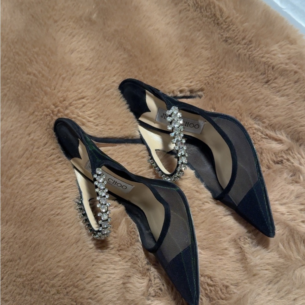 Jimmy Choo Black Mesh Pointed Slingback Pumps with Crystal Heel